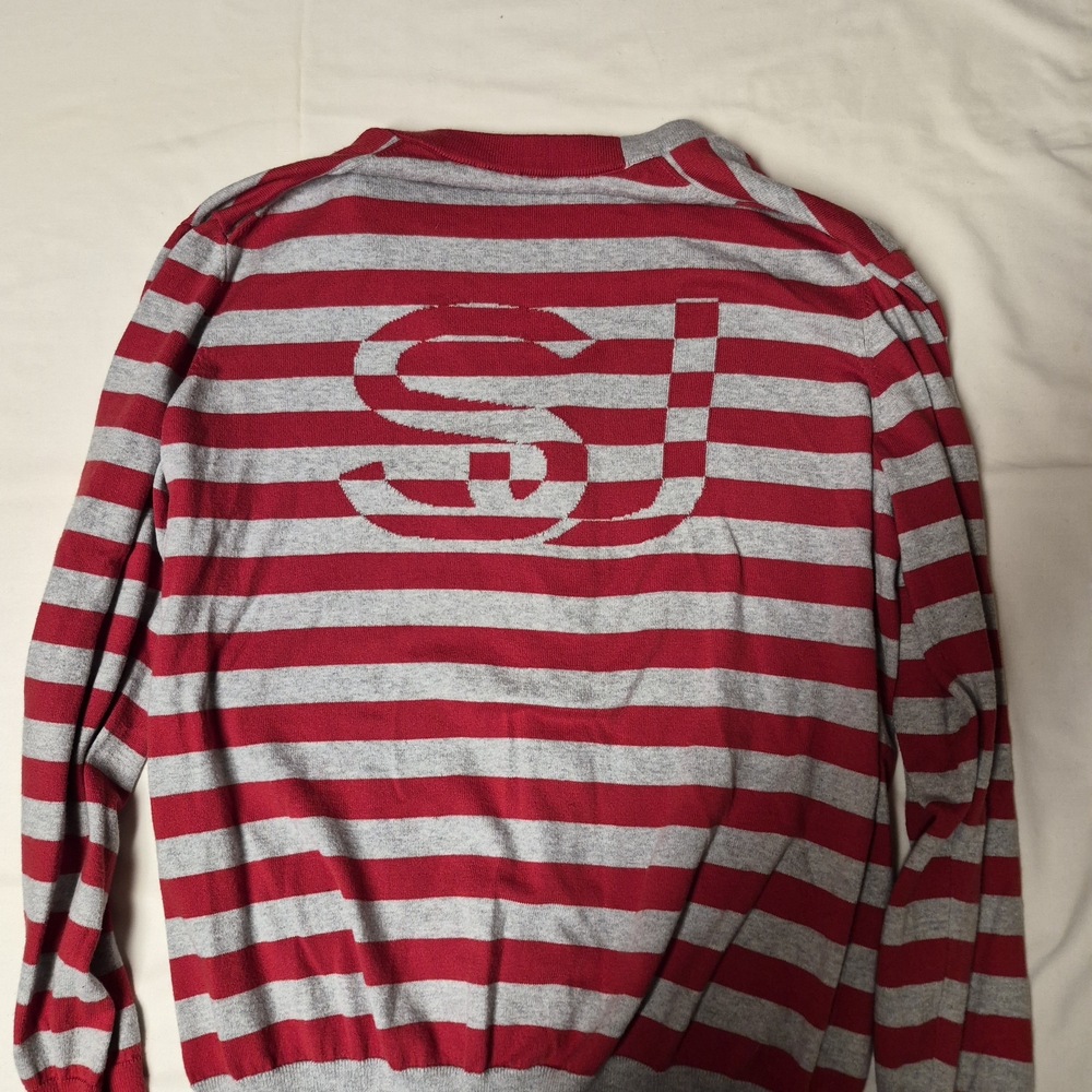 Sean John Mens XL Cardigan Sweater‎ Red Grey Striped Cotton V-Neck Back Logo Y2K
